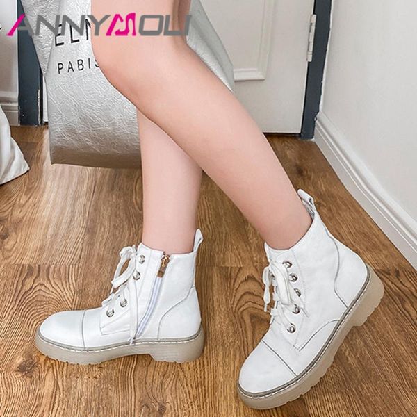 

annymoli motorcycle boots woman real leather ankle boots zip flat platform short lace up female shoes autumn winter white, Black