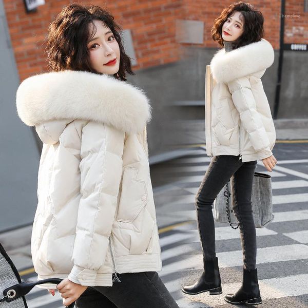 

women's down jacket short coat female autumn winter women parkas hooded real fur collar 2020 mujeres abrigos pph16721, Black