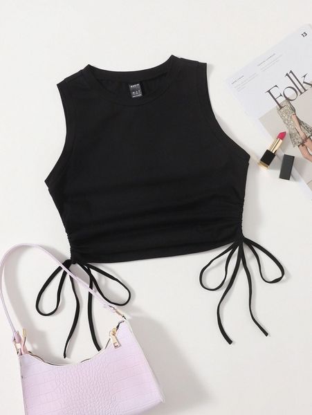 

drawstring ruched side crop tank p1lq#, White