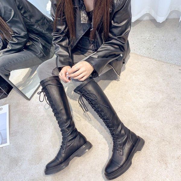 

round toe women boots over knee shoes luxury designer booties ladies flat heel over-the-knee med autumn rock fashion, Black