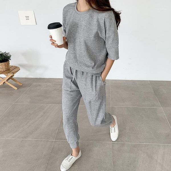 

solid color two-piece set women's spring autumn new korean loose short-sleeve sweatshirt + elastic waist sports pants female1, Gray