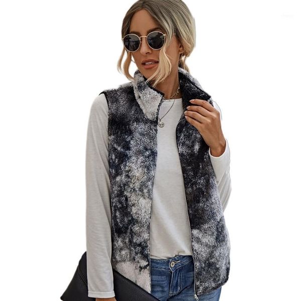 

women sleeveless plush cardigan vest zip up tie-dye turtleneck outerwear jacket1, Black;white