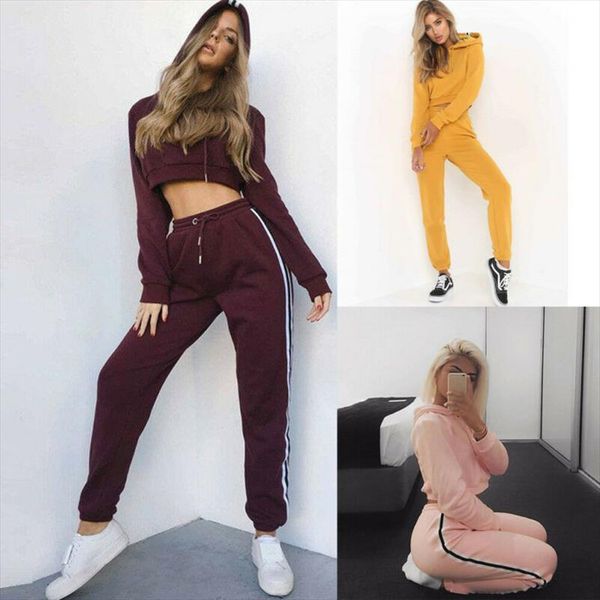 

новая мода повседневная женщины с длинным рукавом топы crop короткие толстовка толстовка длинные штаны джемперы свитера вверх tracksuit 2pcs, Gray