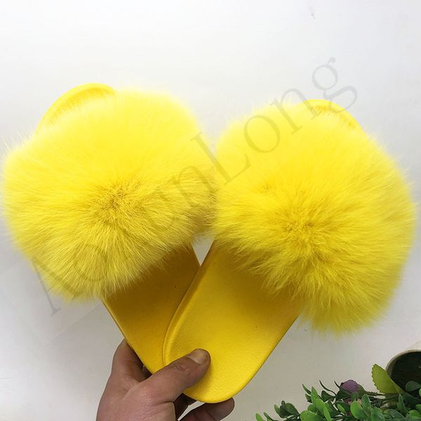 

big size 34-49 custom yellow fox fur slippers women oversized furry slipper ladies outer fur slides girl luxury fox hair sandals, Black
