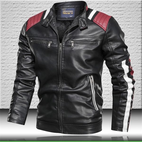 

men's leather jackets stand collar jacket leather men patchwork motorcycle winter coat mens biker jacket 201215, Black