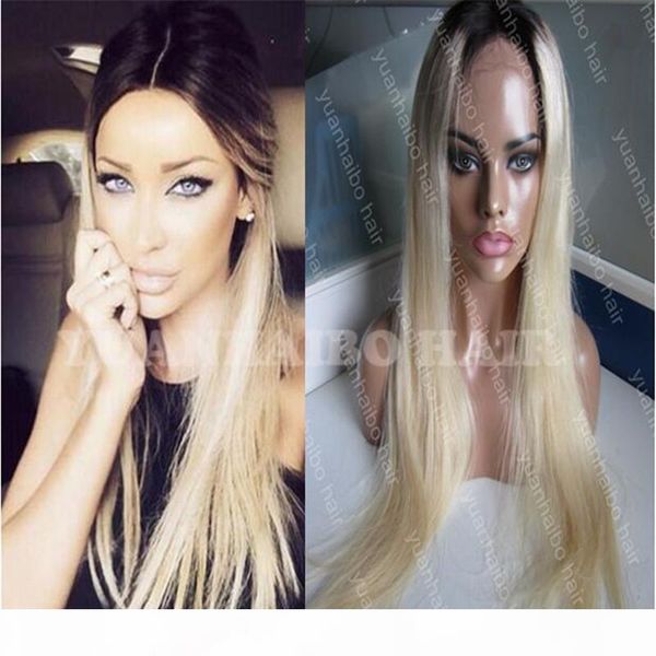

8a quality human hair lace front wig 1b 613 dark roots indian blonde wig 130 density two tone silky straight ombre wig, Black;brown