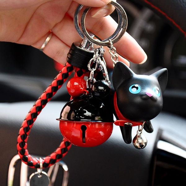 

cartoon cute cat anime keychain car key chain leather rope small bells key ring auto chains charm bag accessories jewelry, Silver