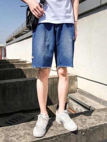 

men stone wash raw hem denim shorts x6d2#, Blue