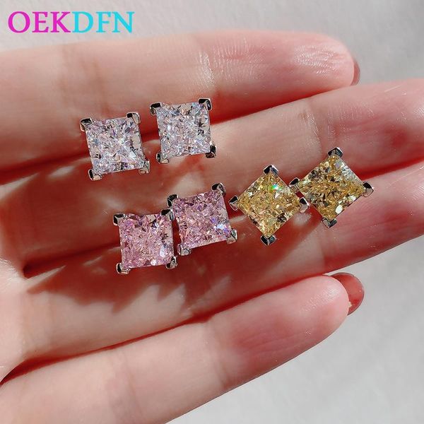 

oekdfn real 925 sterling silver stud earrings citrine created moissanite gemstone wedding engagement luxury ear studs jewelry, Golden;silver