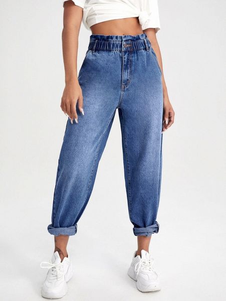 

paperbag waist mom jeans o7id#, Blue