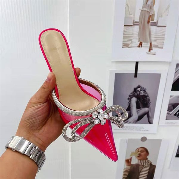 

2022 transparent pvc runway thin high heel slippers women pointed toe bow-knot crystal decor sandals party dress shoes fema, Black