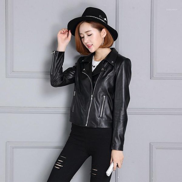 

sheepskin coat womens genuine leather jacket spring autumn new loose short long sleeve biker moto leather jacket outwear black1, Black