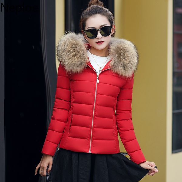 

neploe coat women winter clothes woman korean solid slim fit parkas hair collar hooded thicked outwear female short jacket 201130, Black