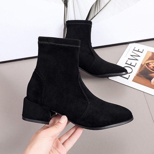 

2020 autumn winter sock boots solid flock boots women square mid heels short new round toe women shoes woman ankle, Black