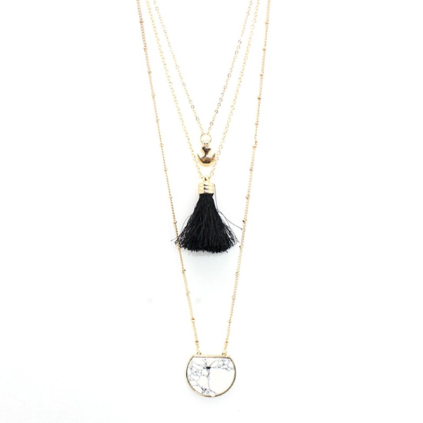 

light yellow gold color geometric white howlite stone pendant link chain necklace with tassels jewelry, Silver