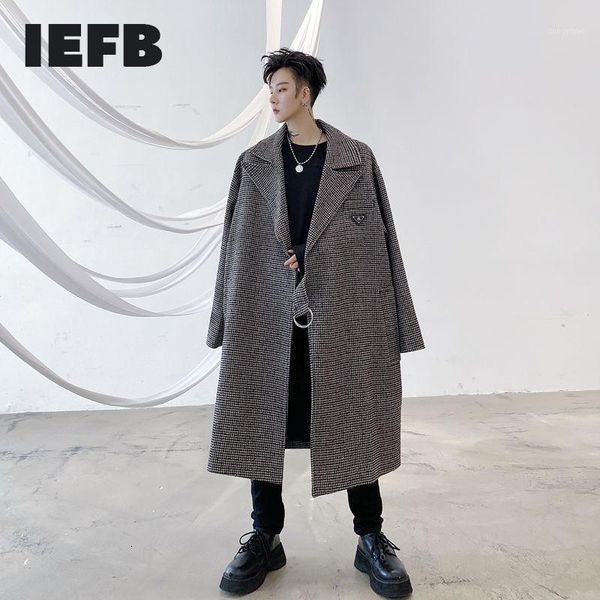 

iefb design plaid diagonal button label loose men's mid length overcoat big size belt long sleeve woolen coat british 9y44531, Black
