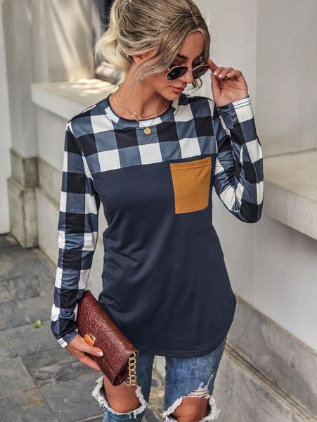 

gingham print pocket detail tee f3l5#, White