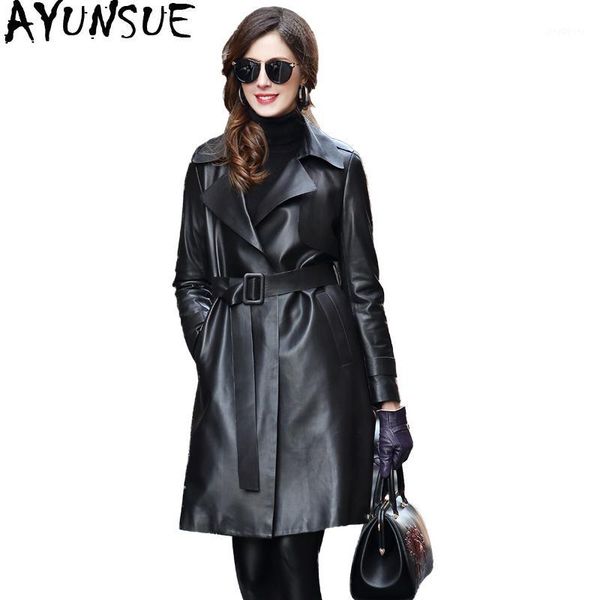 

ayunsue 2019 streetwear women genuine leather jacket natural sheepskin trench coat female long autumn women's windbreaker vg7101, Black