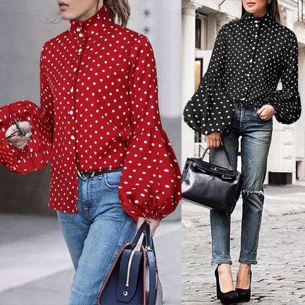 

oversized stylish stand collar blusas women's spring blouse zanzea 2020 casual polka dot printed female puff sleeve shirts1, White