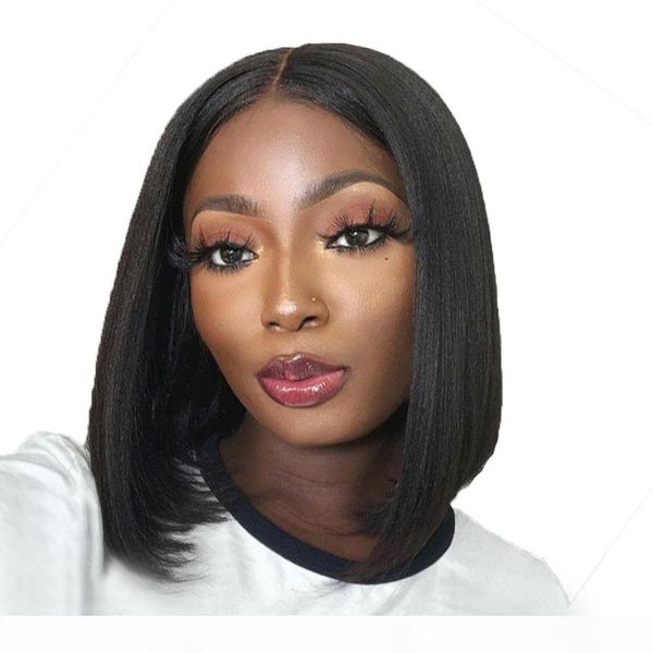 

straight short 13x4 bob wig lace front human hair wigs brazilian remy hair pre plucked natural color for black women, Black;brown