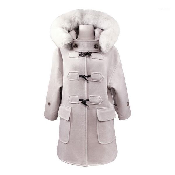 

fur collar coat winter coat women's wool & blends hooded horn button women jacket wool new winter female woolen coats ff1, Black