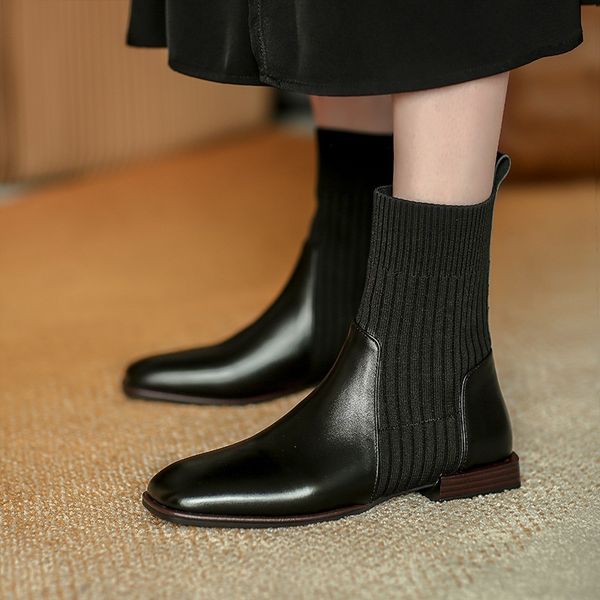 

2021 retro dedo do p quadrado mulheres botas tornozelo nova marca outono inverno sapatos mulher baixo grosso couro genuno preto cocp, Black