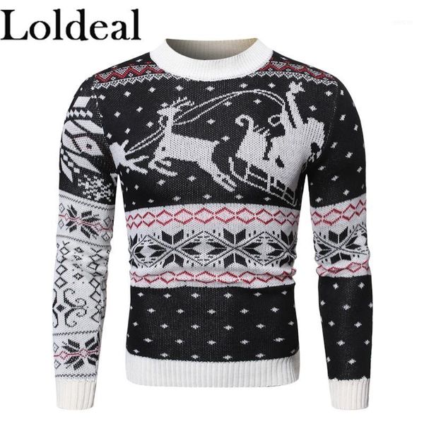 

loldeal men long sleeve sweater fashion deer batik casual warm round neck pullover1, White;black