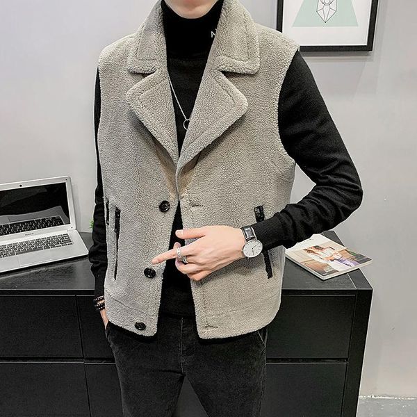 

2020 осень и зима новая молодежь популярной корейской мужская solid color отворотом particle velvet vest вскользь норки m-3xl, Black