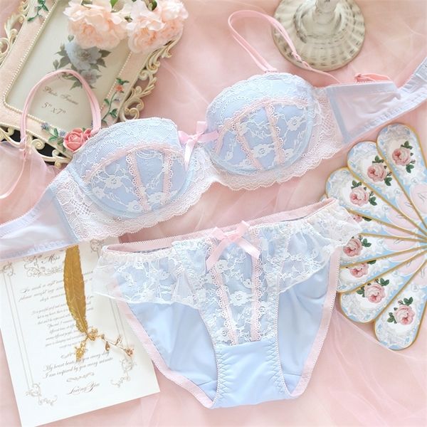 

underwear sweet and cute lace lingerie with briefs set girl heart fresh steel ring gathered thin bra set large size bralette lj201210, Red;black
