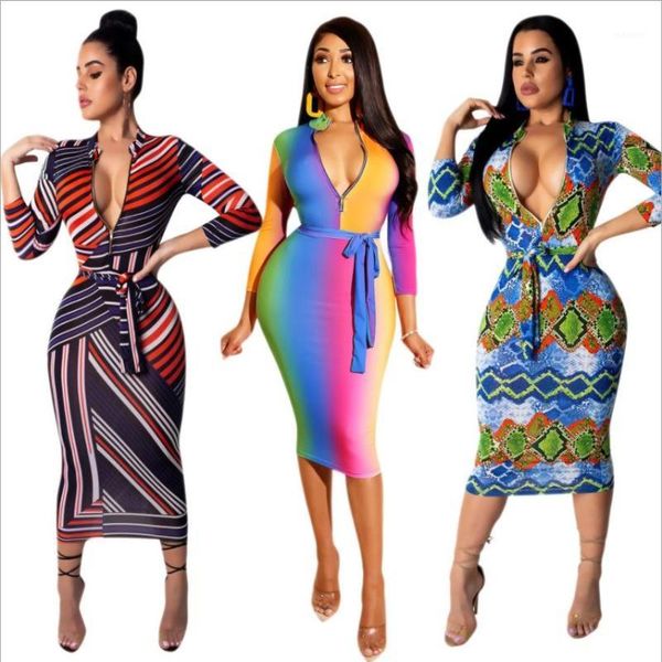 

irregular stripe print women casual zipper v neck long sleeve dress with belt1, Red