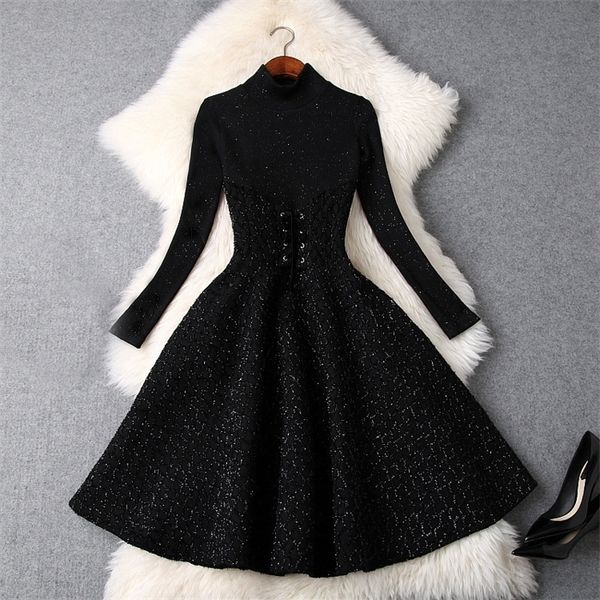 

2019 spring luxury long sleeve crew neck pure color knitted ribbon tie-bow knee-length dress fashion casual dresses ld16t9249, Black;gray