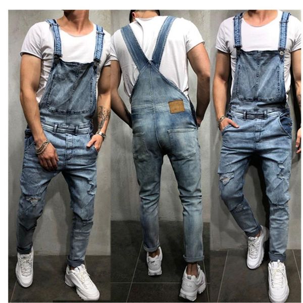 

men's jeans retro style ripped jumpsuits hi street distressed denim bib overalls for man suspender pants size s-3xl, Blue