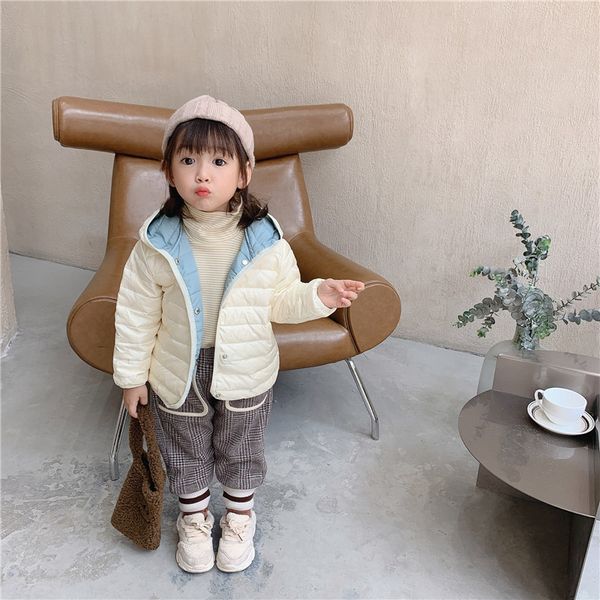 

girl's light jacket foreign 2020 wear new style children's autumn and winter hoodie girl baby's 90 white duck down, Blue;gray