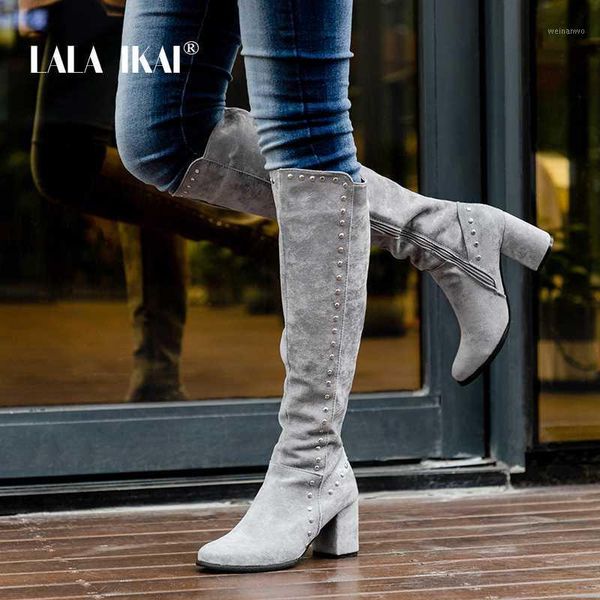 

lala ikai 2020 women retro rivet cavalier boots thick heeled point toe long boot ladies gray over-the-knee boots xwc6511-41, Black