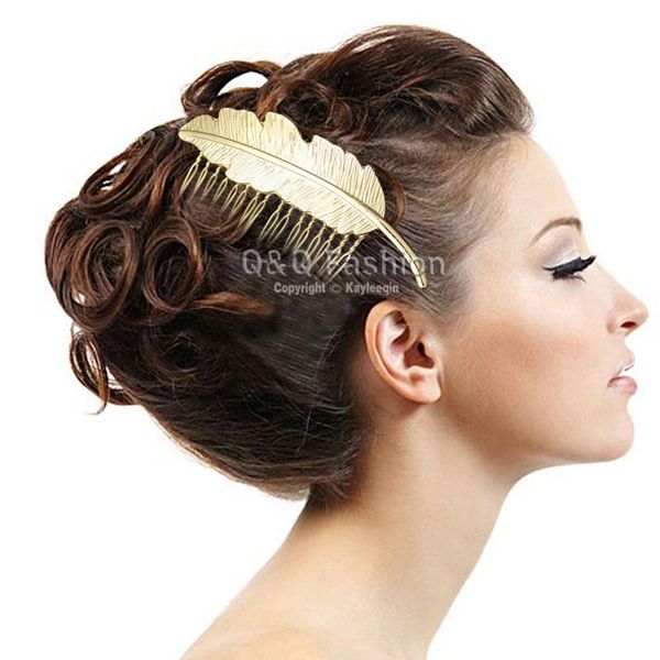 

festival bridal gold big leaf feather hair pin clip dress snap barrette comb jewelry 2021 new, Golden;silver