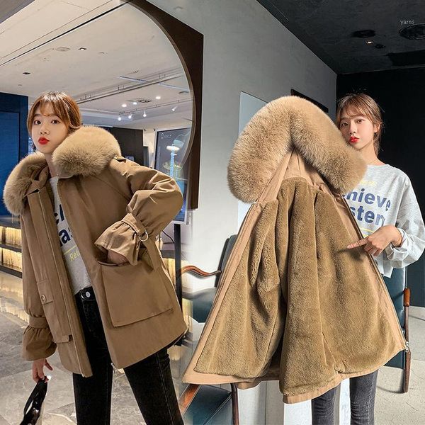 

women 2020 winter fashion causal hooded coat female short fur collar parka ladies oversize solid color mid-long thick jacket r771, Black