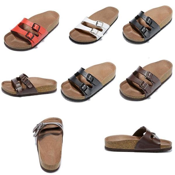 

2021 new style leather slipper hite red mens flat sandals women shoes two buckle fashion design arizona summer beach sandal, Black