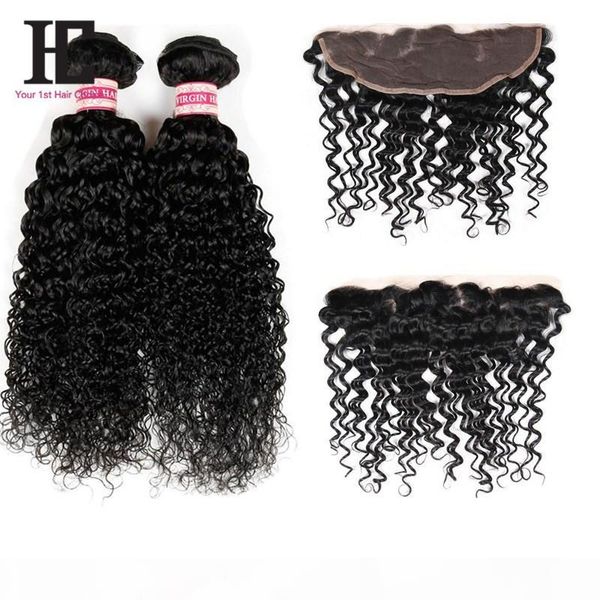 

7a бразильский девы волос кудрявый curly weave с закрытием 2 связки с закрытием бразильского kinky завитые lace фронтальная с связки, Black