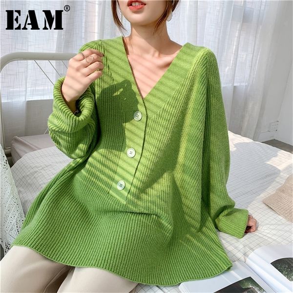 

[eam] gray big size knitting sweater loose fit v-neck long sleeve women pullovers new fashion tide autumn winter 2020 lj201127, White;black