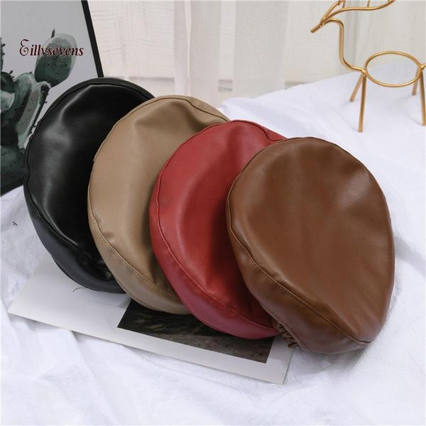 

berets fashion vintage women children's pure color imitation leather flat beret cap hat boinas para mujer, Blue;gray