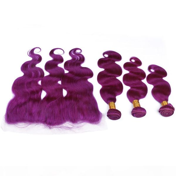 

body wave virgin peruvian human hair purple colored 3bundles with full lace frontal closure 13x4 pure purple virgin hair weave extensions, Black;brown