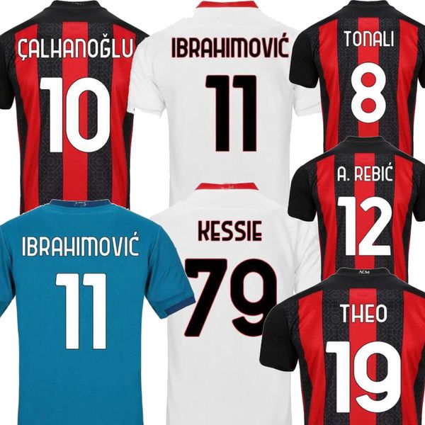 

2020 player verison calhanoglu ibrahimovic home white blue kids kit mens soccer jersey theo tonali kids football shirts jerseys 20 21, Black;yellow