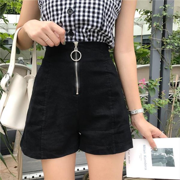 

summer shorts women solid color chic ring zipper female high waist loose punk shorts, White;black