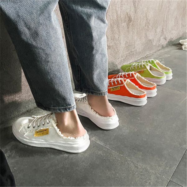 

2021 summer canvas half slippers men's version of the trend of a pedal lazy shoes breathable non-heel baotou men's shoes, Black