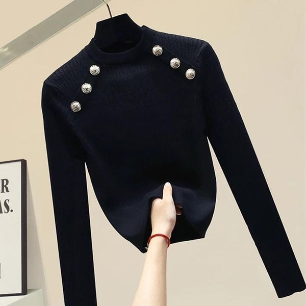 

button pullover ladies autumn clothes ladies winter knitted sweater long sleeve pullover black sweater 2021, White;black