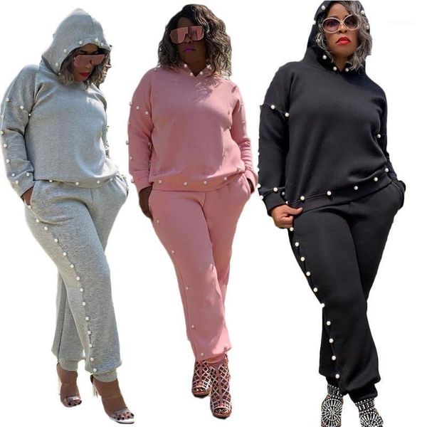 

women's tracksuits ins test women solid beading 2021 winter lady's high waist sweatpants long sleeve hoodies keep warm two piece s, Gray