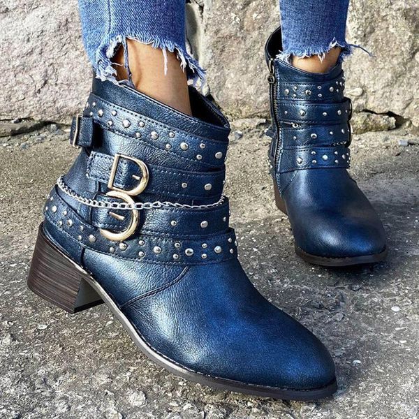 

boots women's fashion ladies short bootie pointed toe zipper cowboy motorcycle leather rivet shoes ankle botas mujer#g31, Black