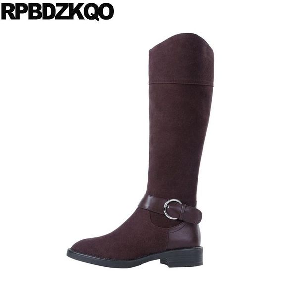 

long suede knee high round toe chunky genuine leather block fur belts boots brown brand tall designer shoes women luxury 2020, Black