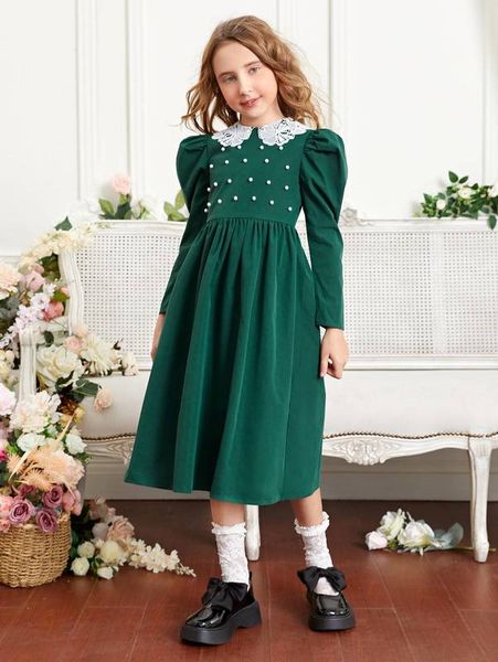 

girls gigot sleeve pearl beaded guipure lace detail dress she, Red;yellow