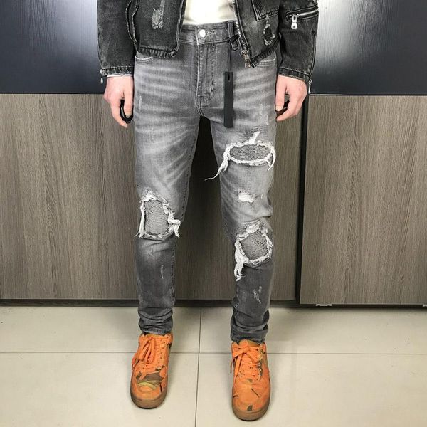 

men's jeans fashion streetwear men slim fit patchwork ripped denim punk pants hombre retro gray elastic hip hop trousers, Blue